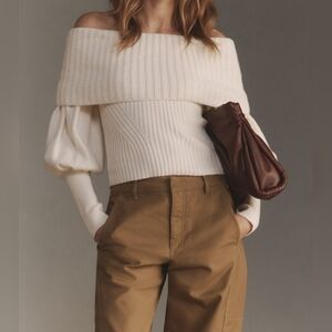 The Tessa Off-The-Shoulder Puff-Sleeve Sweater in Ivory By Anthropologie, XL